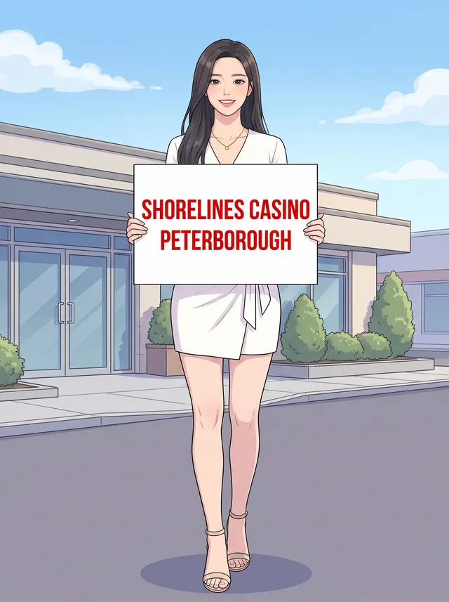 An illustrated young woman in a white wrap mini dress stands on a sunny street in front of a modern low building and holds a white board reading Shorelines Casino Peterborough