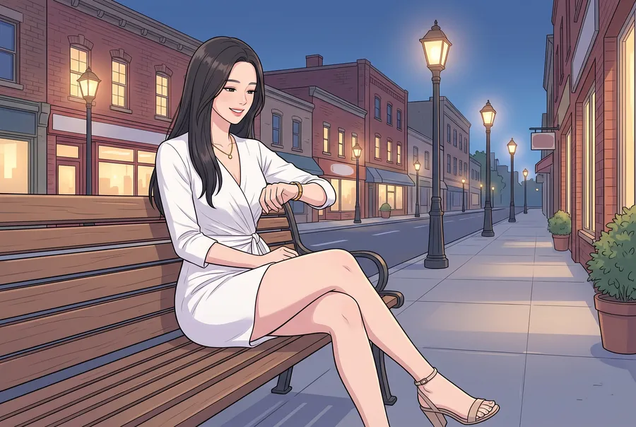 The illustrated young woman sits on a wooden bench on a lamplit downtown street at dusk and glances at her gold wristwatch